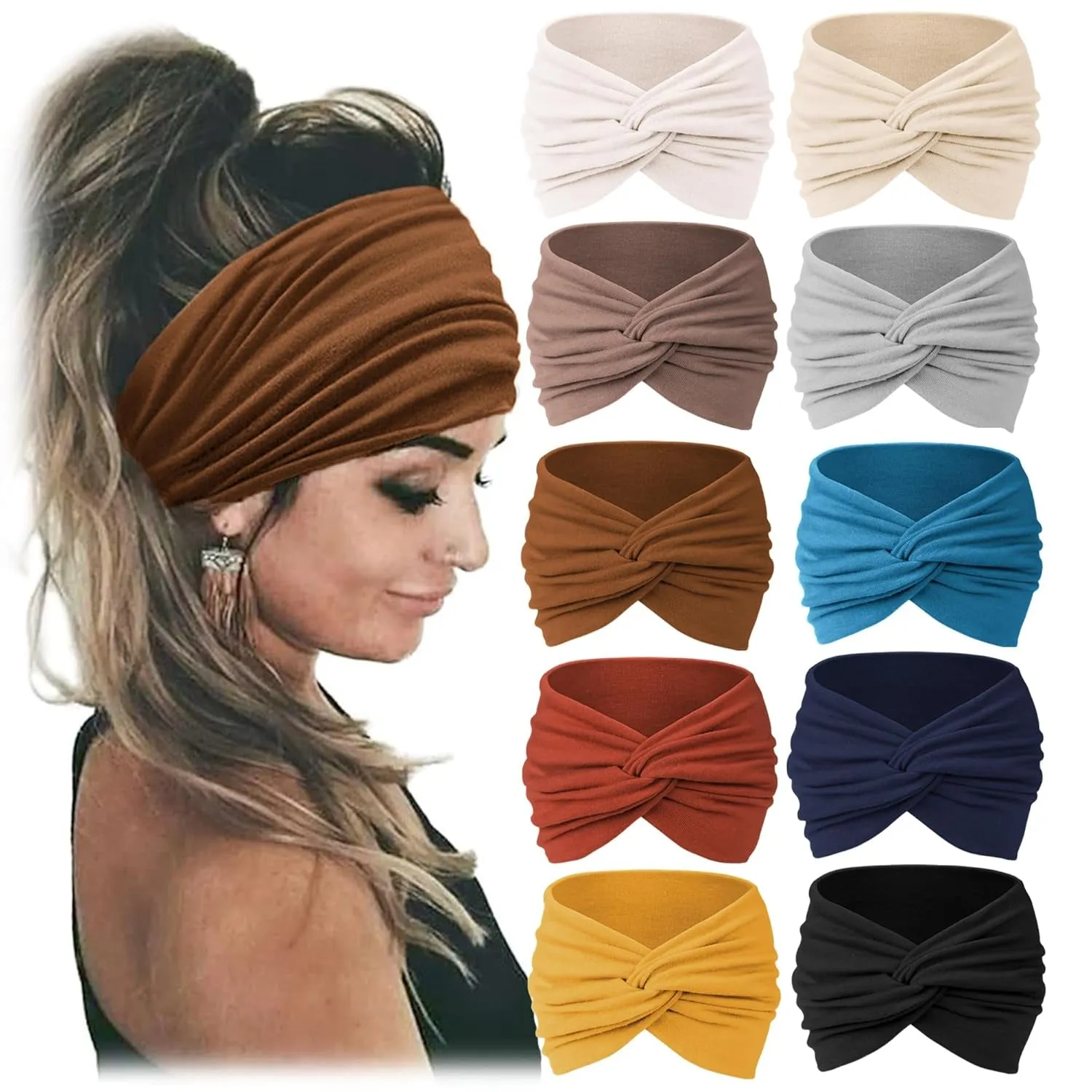 10 PCS Women Headbands African Wide Hair Wrap Extra Turban Head Bands for Lady Large Sport Workout Stretch Non-Slip Big Hair Bands