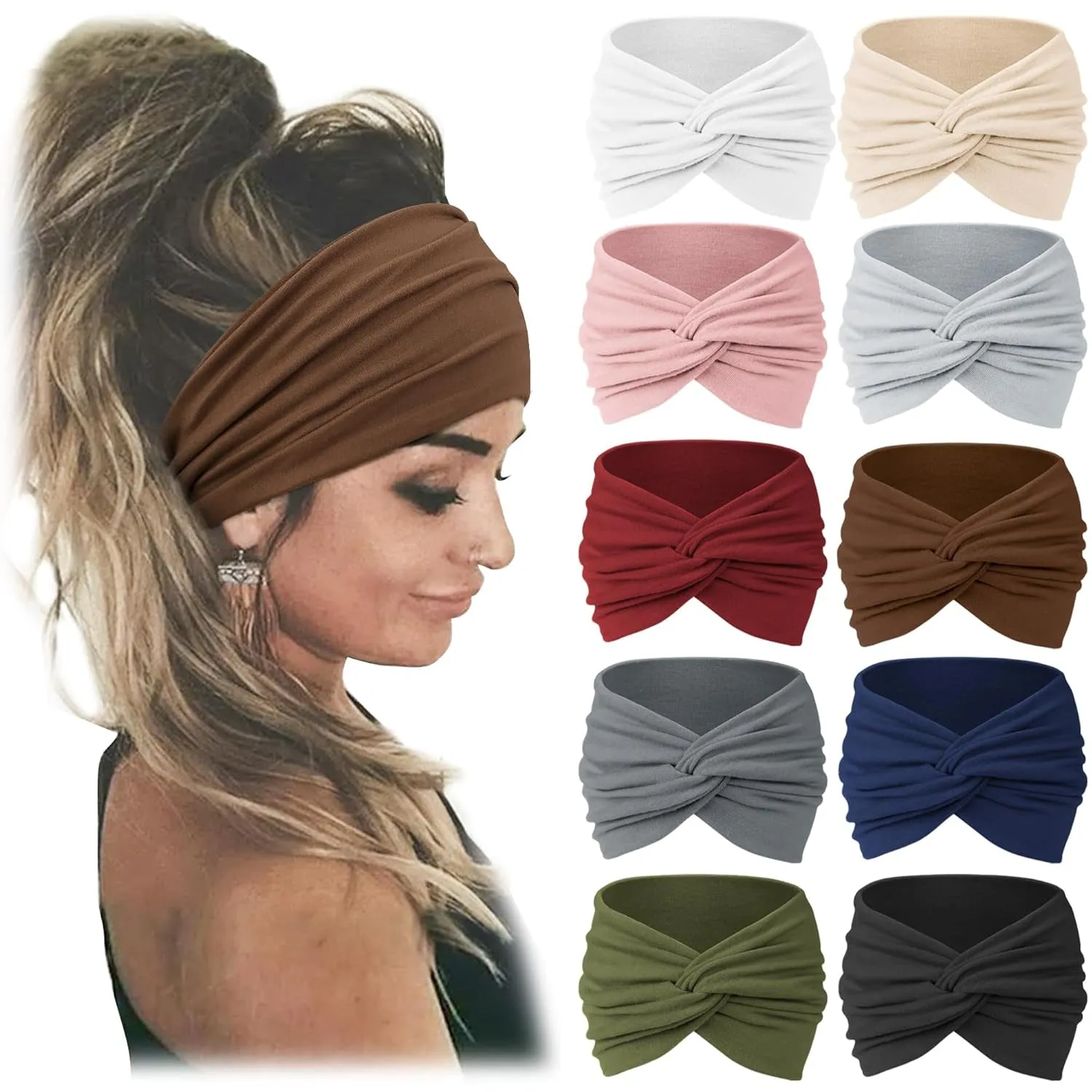 10 PCS Women Headbands African Wide Hair Wrap Extra Turban Head Bands for Lady Large Sport Workout Stretch Non-Slip Big Hair Bands