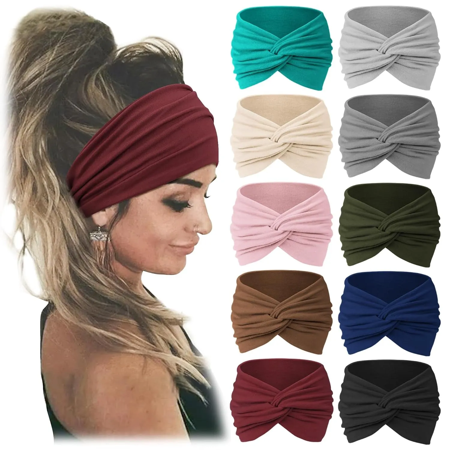 10 PCS Women Headbands African Wide Hair Wrap Extra Turban Head Bands for Lady Large Sport Workout Stretch Non-Slip Big Hair Bands