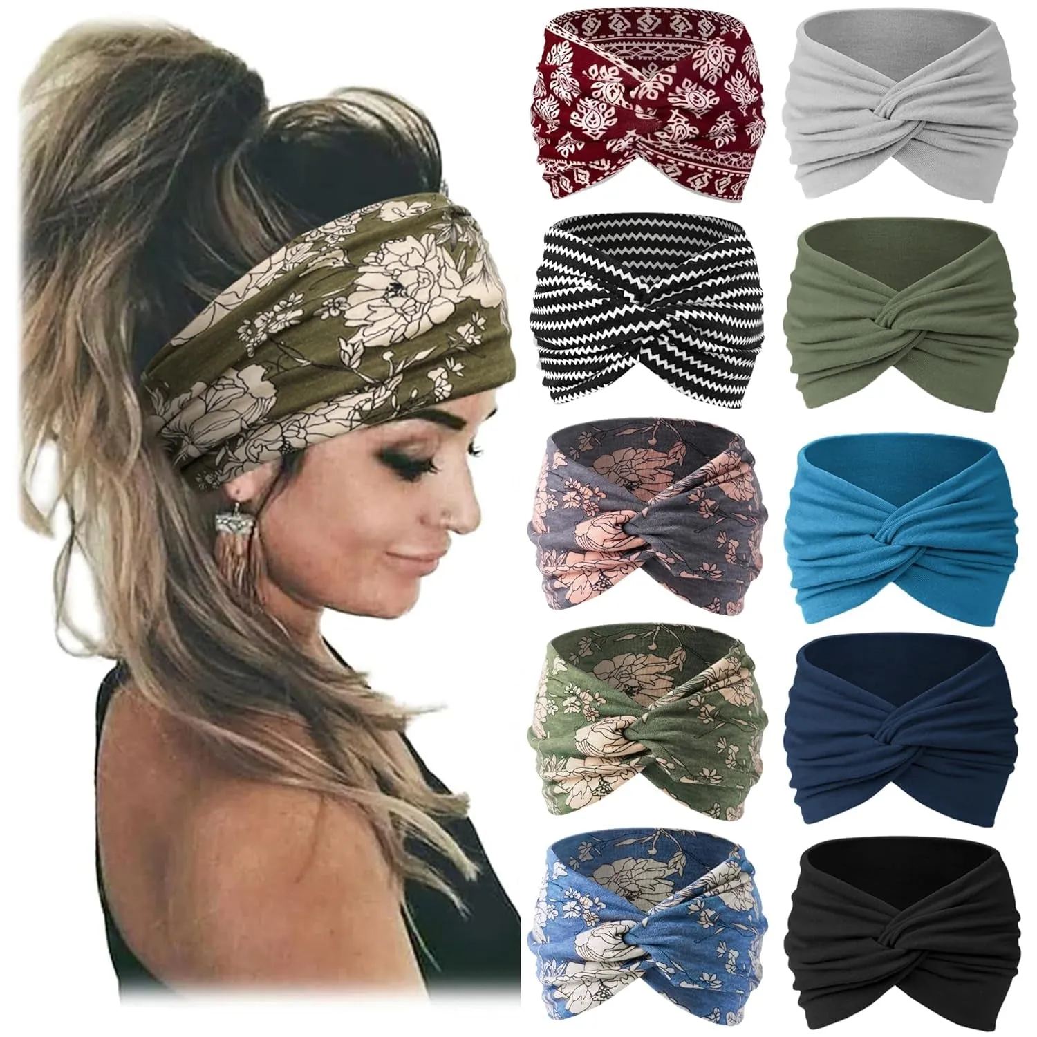 10 PCS Women Headbands African Wide Hair Wrap Extra Turban Head Bands for Lady Large Sport Workout Stretch Non-Slip Big Hair Bands