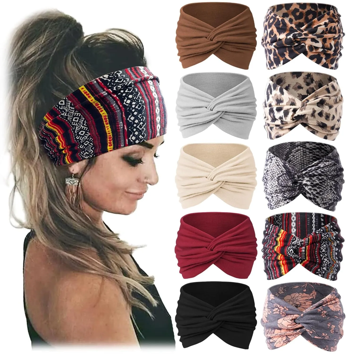 10 PCS Women Headbands African Wide Hair Wrap Extra Turban Head Bands for Lady Large Sport Workout Stretch Non-Slip Big Hair Bands