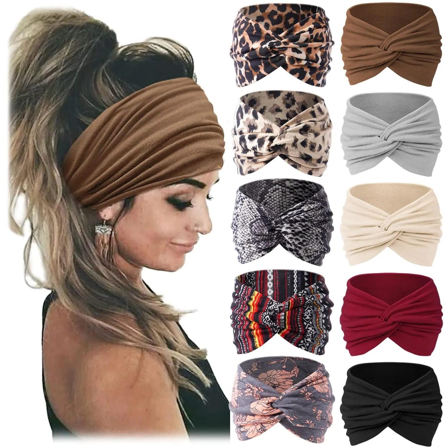 10 PCS Women Headbands African Wide Hair Wrap Extra Turban Head Bands for Lady Large Sport Workout Stretch Non-Slip Big Hair Bands