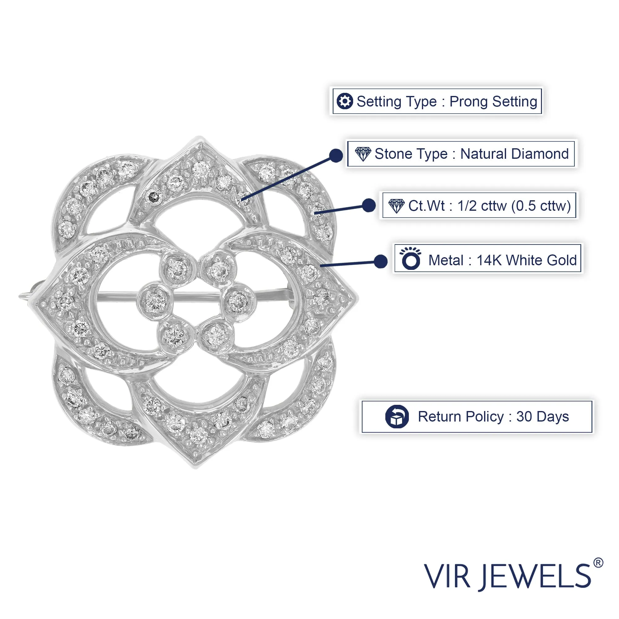 1/2 cttw Diamond Prong Set Brooch Pin in 14K Gold
