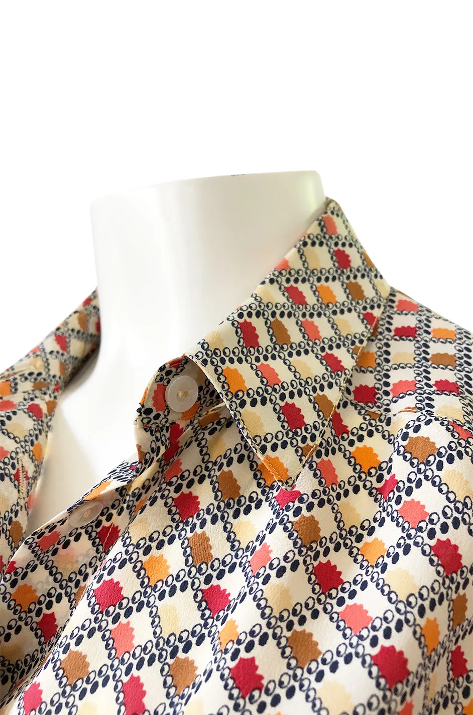 1970s Chloe Silk Geometric Earth Tones Print Short Sleeve Top