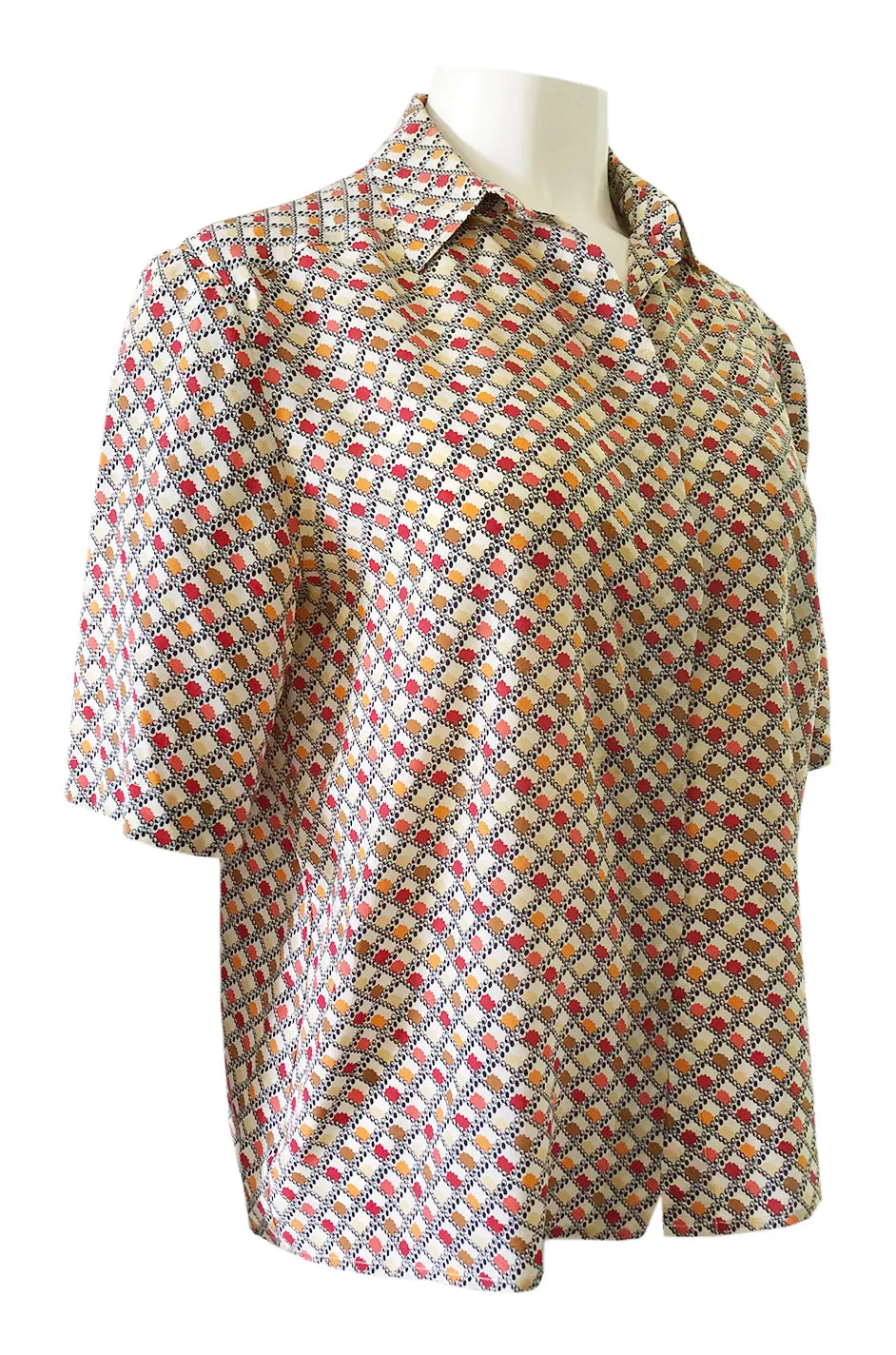 1970s Chloe Silk Geometric Earth Tones Print Short Sleeve Top