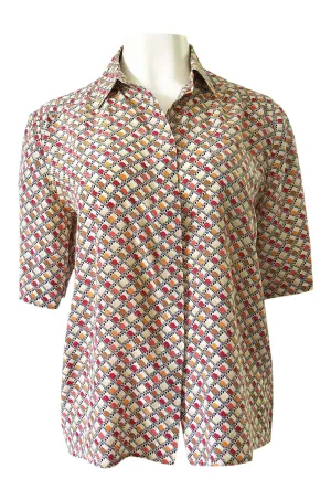 1970s Chloe Silk Geometric Earth Tones Print Short Sleeve Top