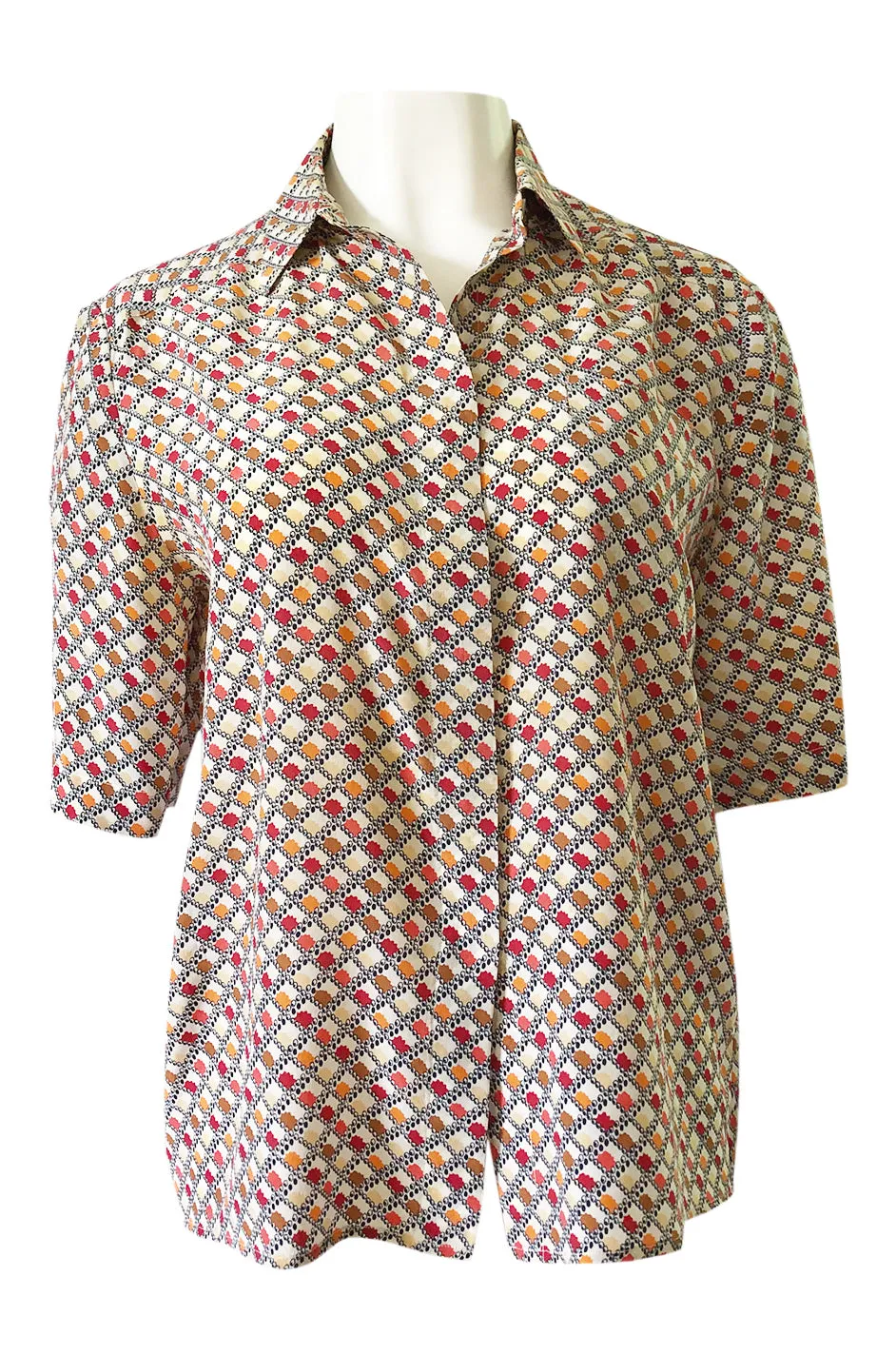 1970s Chloe Silk Geometric Earth Tones Print Short Sleeve Top