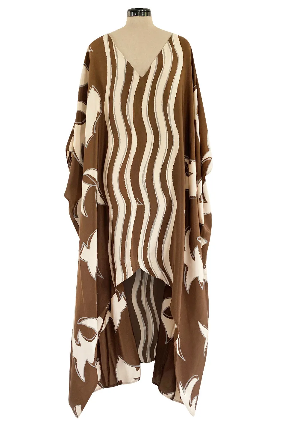 1980s Bill Blass Wavy Stripe & Abstract Print Pattern Soft Brown & Creamy Taupe Silk Caftan Dress