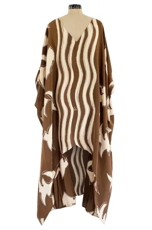 1980s Bill Blass Wavy Stripe & Abstract Print Pattern Soft Brown & Creamy Taupe Silk Caftan Dress
