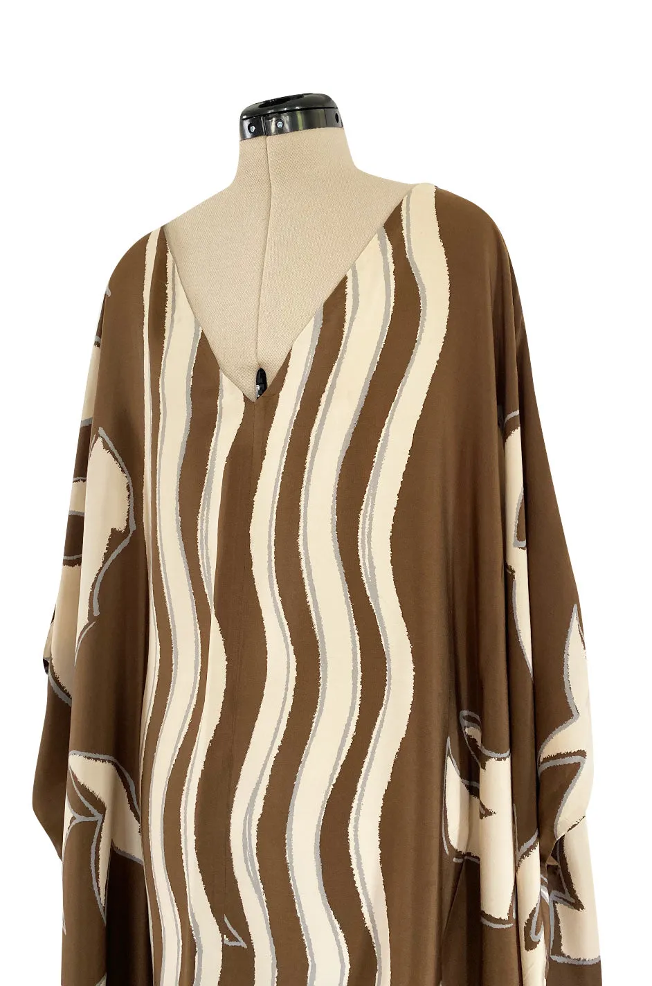 1980s Bill Blass Wavy Stripe & Abstract Print Pattern Soft Brown & Creamy Taupe Silk Caftan Dress