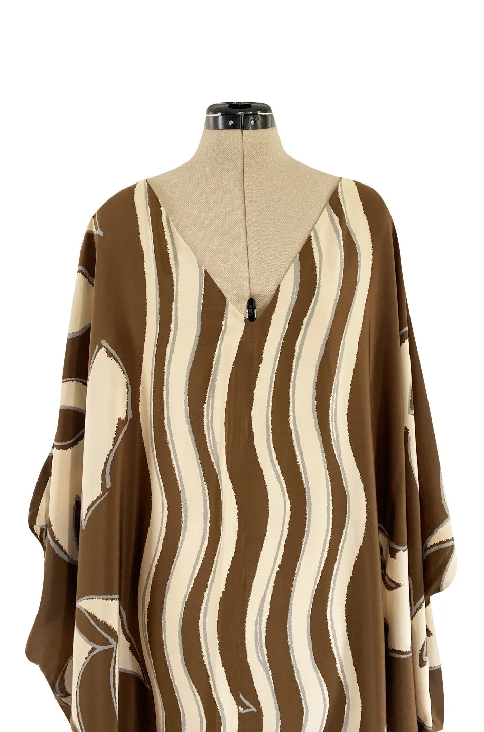 1980s Bill Blass Wavy Stripe & Abstract Print Pattern Soft Brown & Creamy Taupe Silk Caftan Dress
