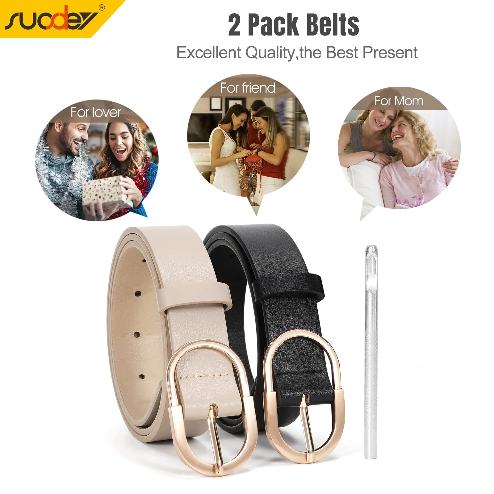 2 Pack Women Leather Belts for Jeans Pants Dress with Fashion Golden Buckle Faux Leather Belt