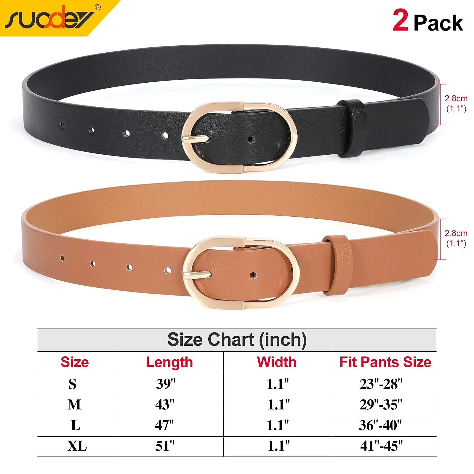 2 Pack Women Leather Belts for Jeans Pants Dress with Fashion Golden Buckle Faux Leather Belt
