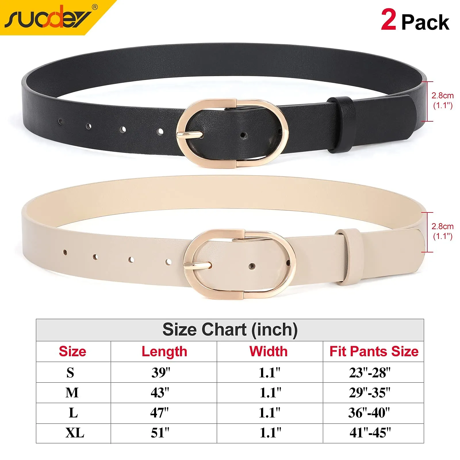 2 Pack Women Leather Belts for Jeans Pants Dress with Fashion Golden Buckle Faux Leather Belt