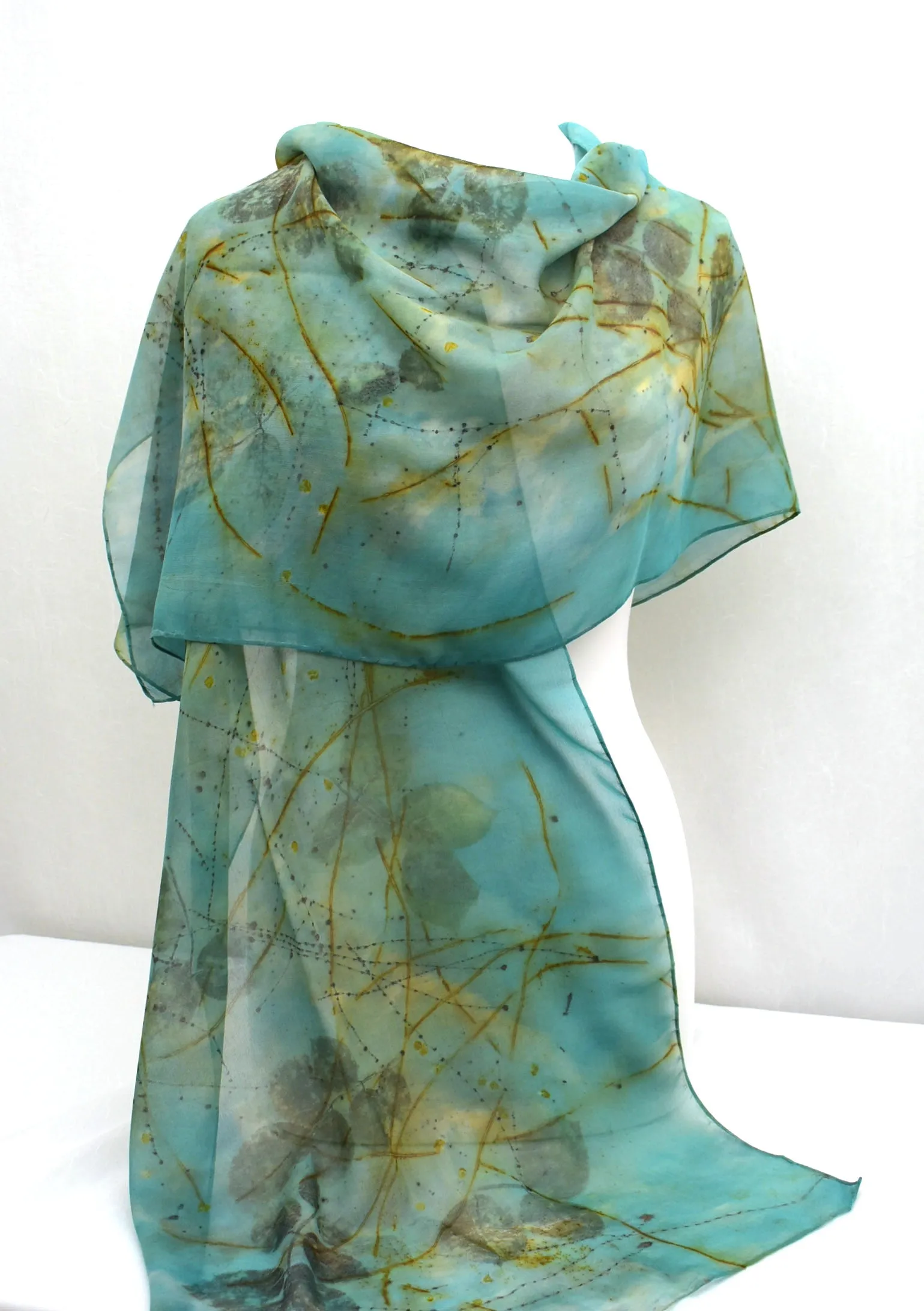 21" x 84" Eco Printed Silk Chiffon Scarf/Shawl