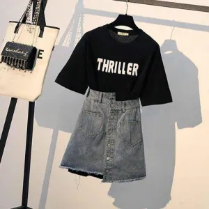 2pcs/set Summer Women Long O-neck T-shirt Sexy Denim Skirt 2pcs Office Lady Slim T-shirt Skirt Suit