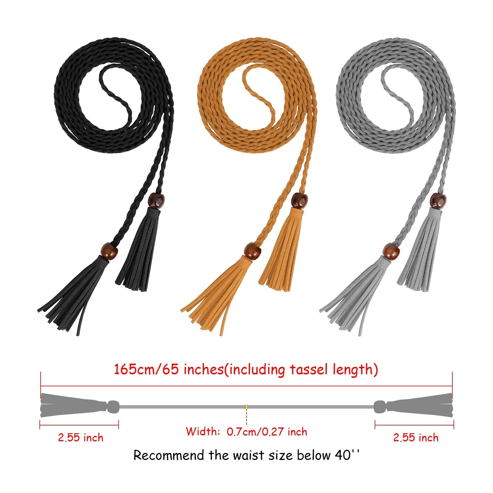 3 Pack Women Thin Tassel Braided Waist Belt WOWOGO Skinny Woven Tassel Belt