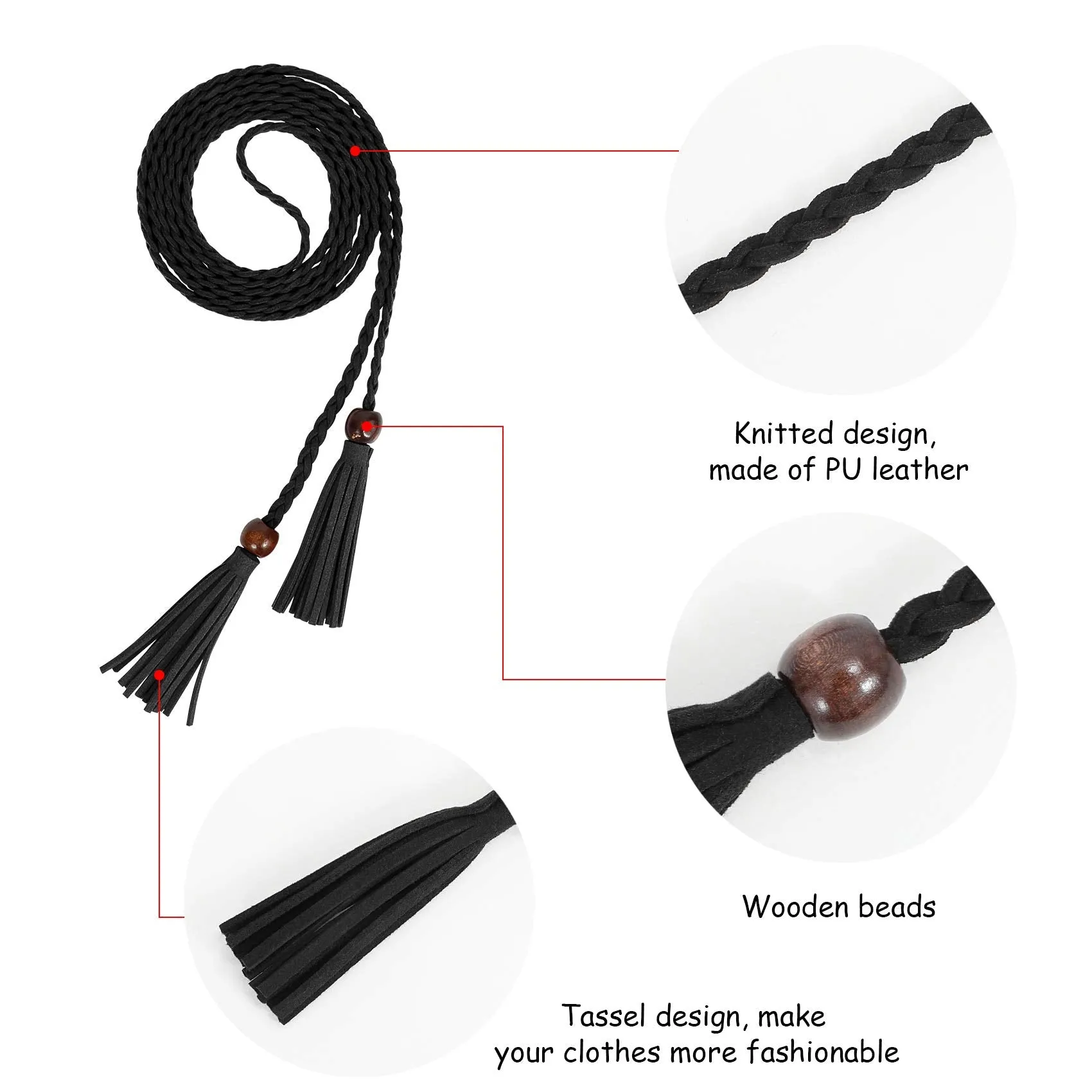 3 Pack Women Thin Tassel Braided Waist Belt WOWOGO Skinny Woven Tassel Belt