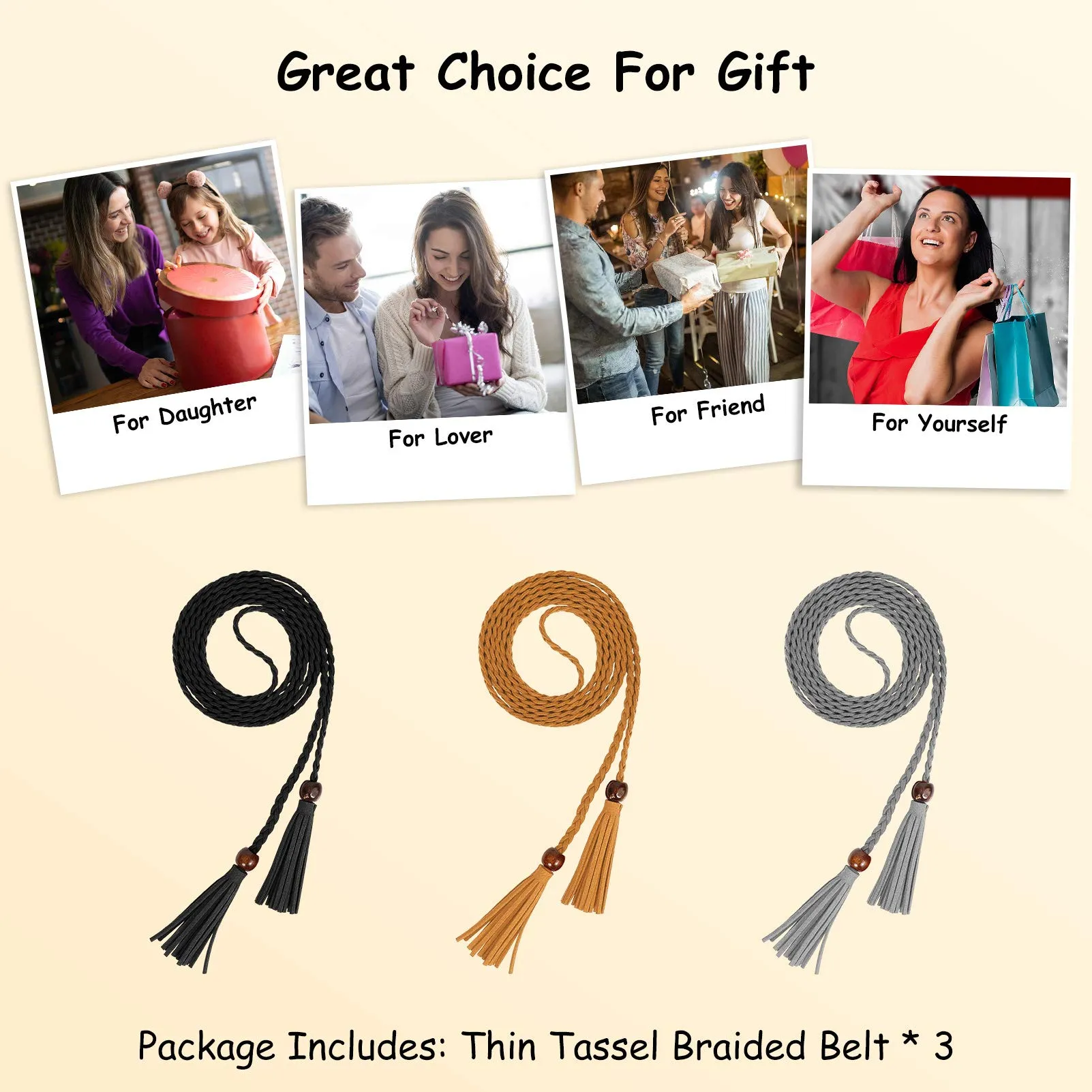 3 Pack Women Thin Tassel Braided Waist Belt WOWOGO Skinny Woven Tassel Belt