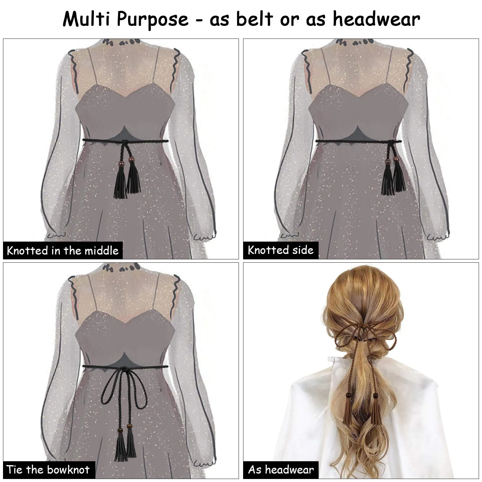 3 Pack Women Thin Tassel Braided Waist Belt WOWOGO Skinny Woven Tassel Belt