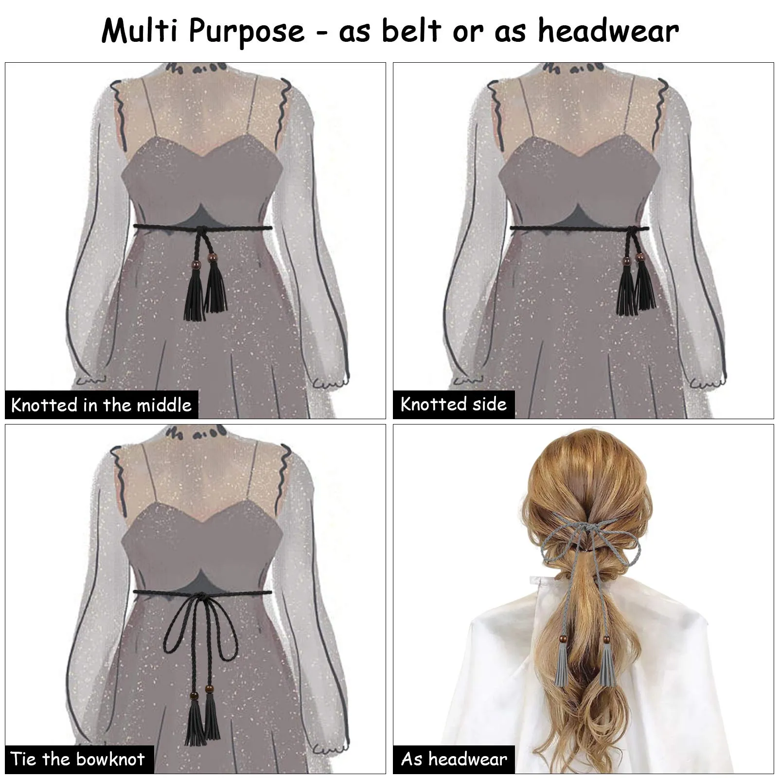 3 Pack Women Thin Tassel Braided Waist Belt WOWOGO Skinny Woven Tassel Belt