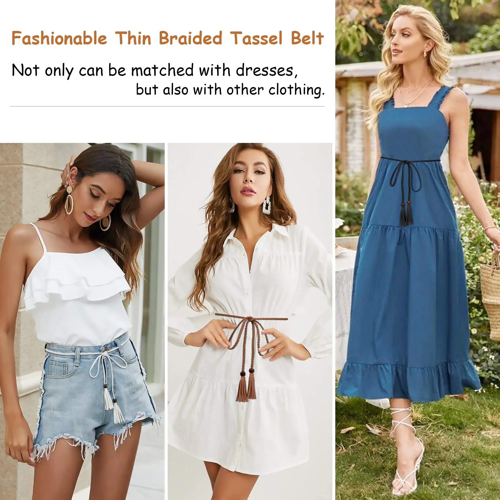3 Pack Women Thin Tassel Braided Waist Belt WOWOGO Skinny Woven Tassel Belt