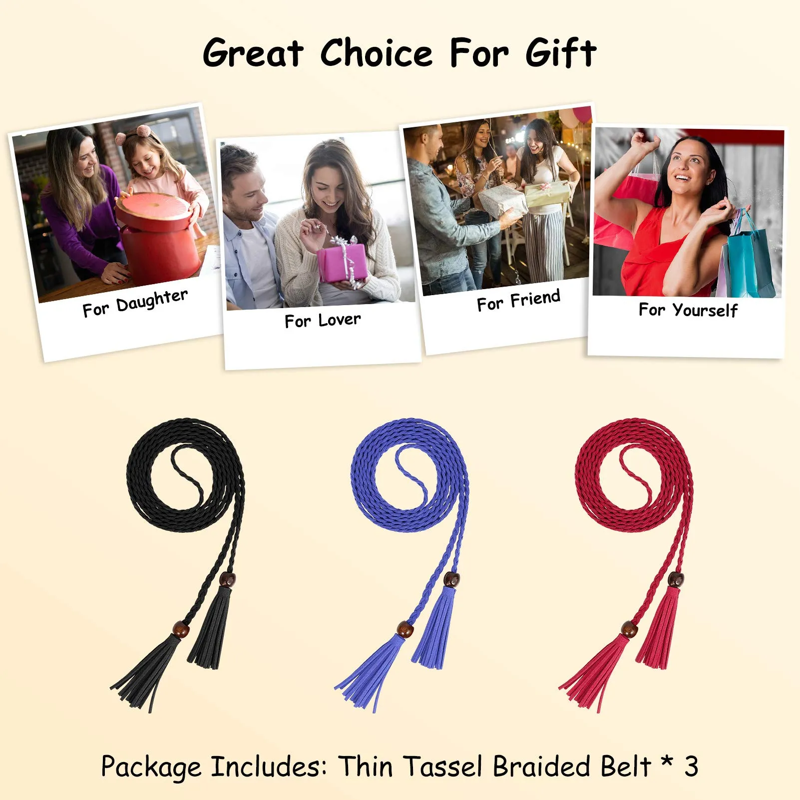 3 Pack Women Thin Tassel Braided Waist Belt WOWOGO Skinny Woven Tassel Belt