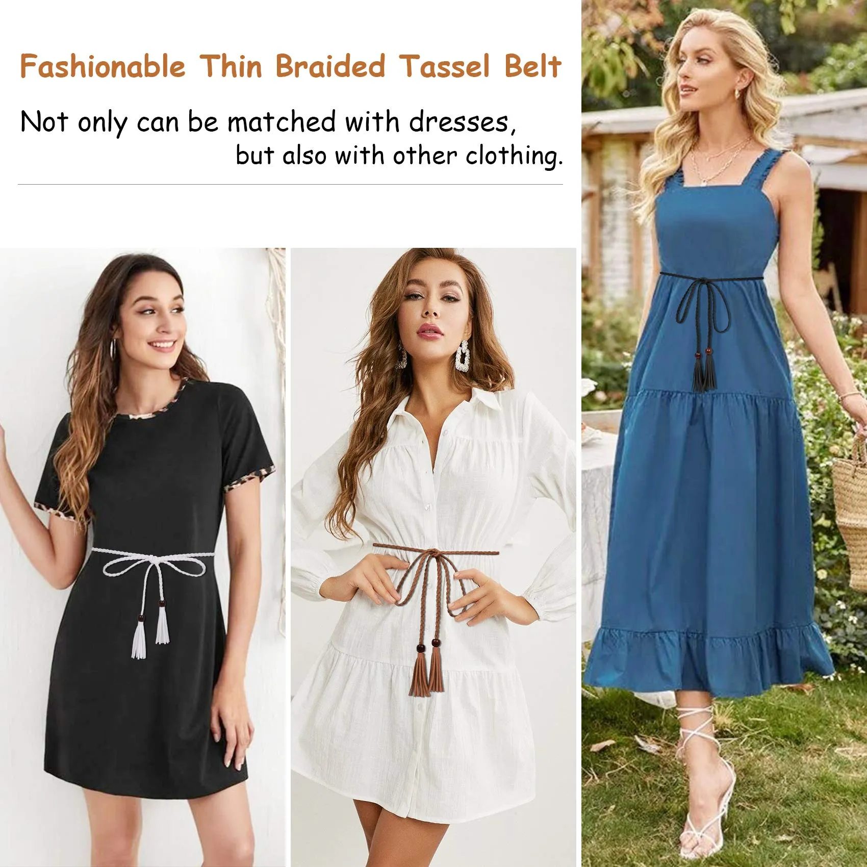 3 Pack Women Thin Tassel Braided Waist Belt WOWOGO Skinny Woven Tassel Belt