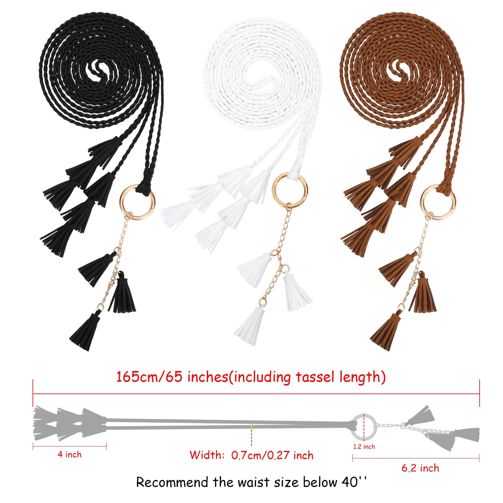 3 Pack Women Thin Tassel Braided Waist Belt WOWOGO Skinny Woven Tassel Belt