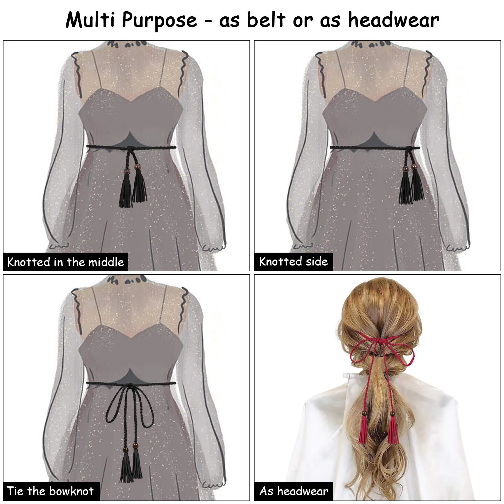 3 Pack Women Thin Tassel Braided Waist Belt WOWOGO Skinny Woven Tassel Belt