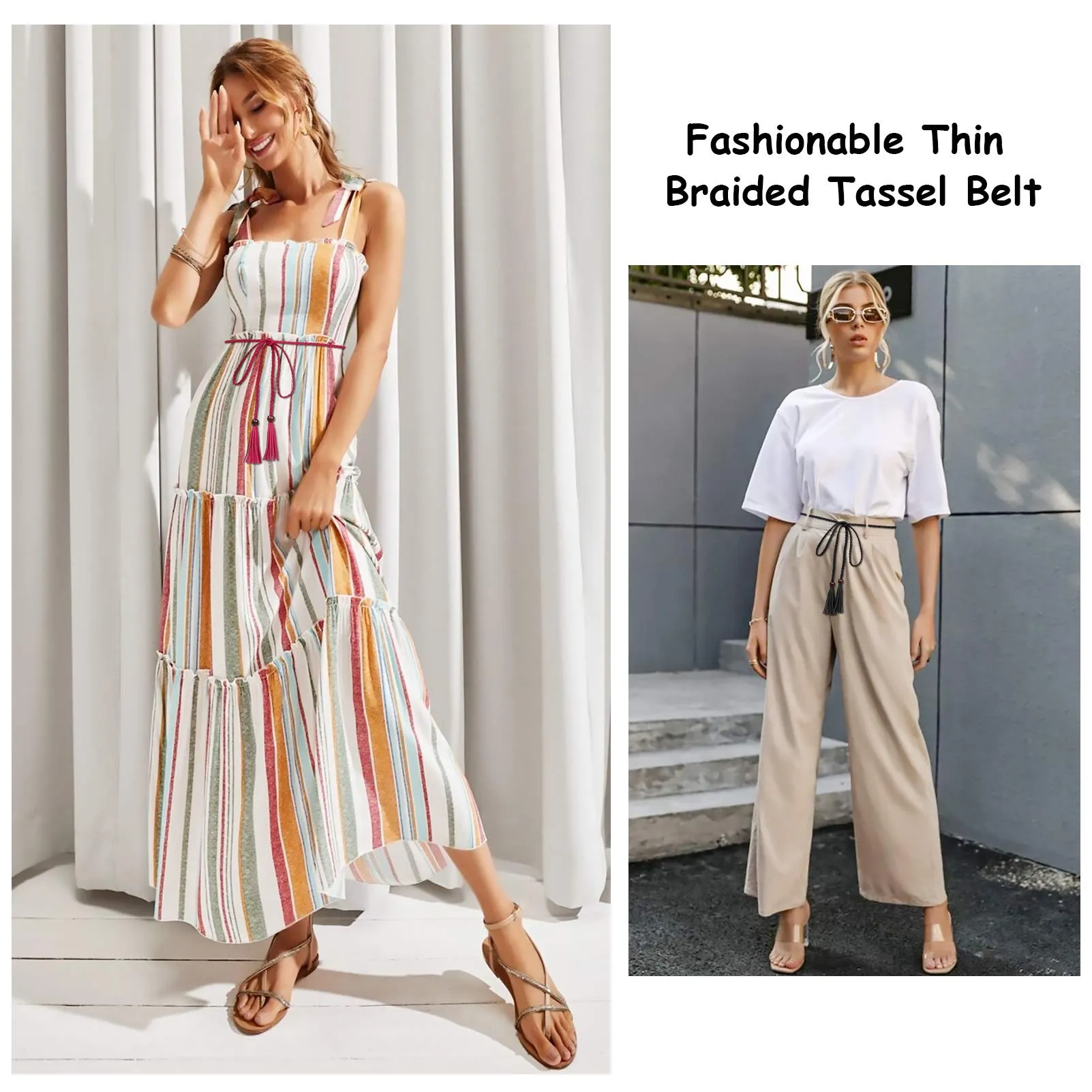 3 Pack Women Thin Tassel Braided Waist Belt WOWOGO Skinny Woven Tassel Belt