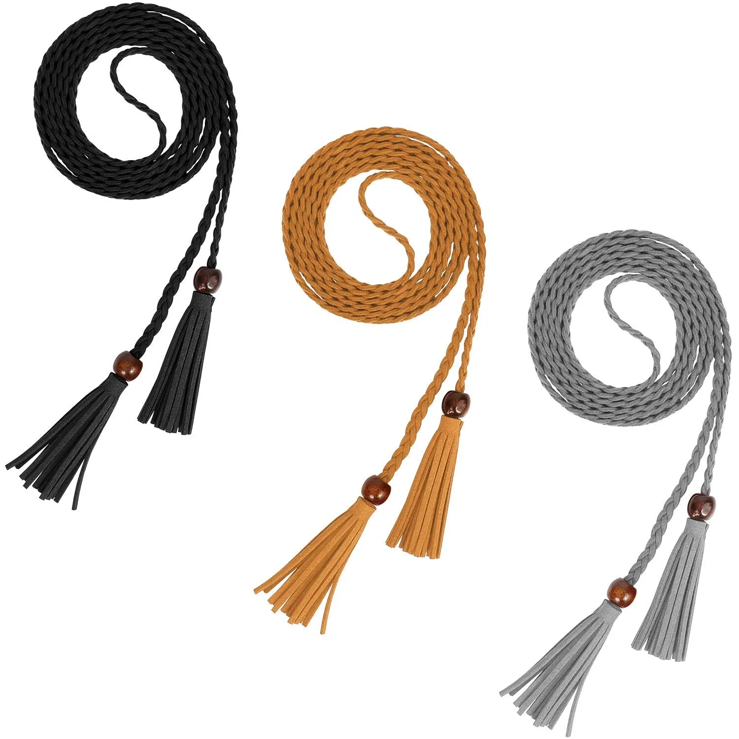 3 Pack Women Thin Tassel Braided Waist Belt WOWOGO Skinny Woven Tassel Belt