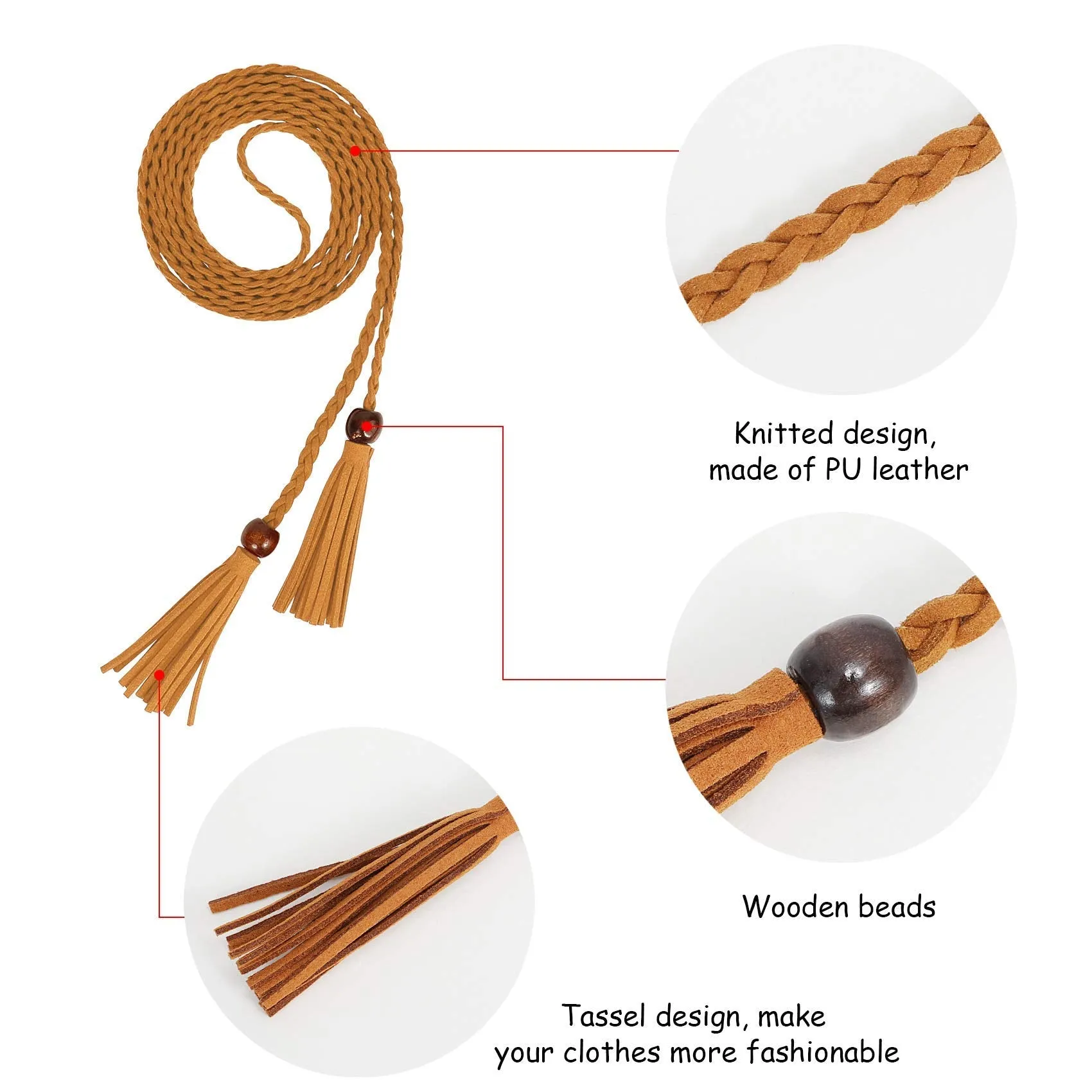 3 Pack Women Thin Tassel Braided Waist Belt WOWOGO Skinny Woven Tassel Belt