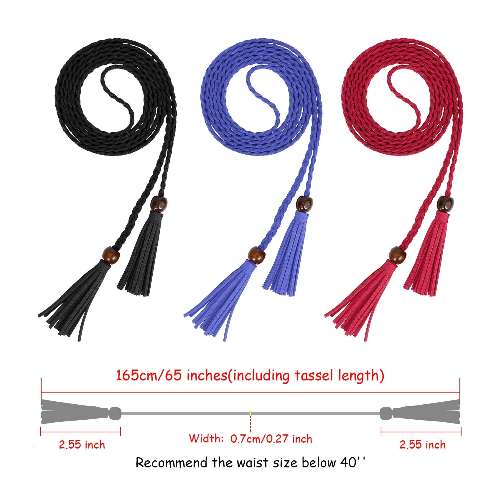 3 Pack Women Thin Tassel Braided Waist Belt WOWOGO Skinny Woven Tassel Belt