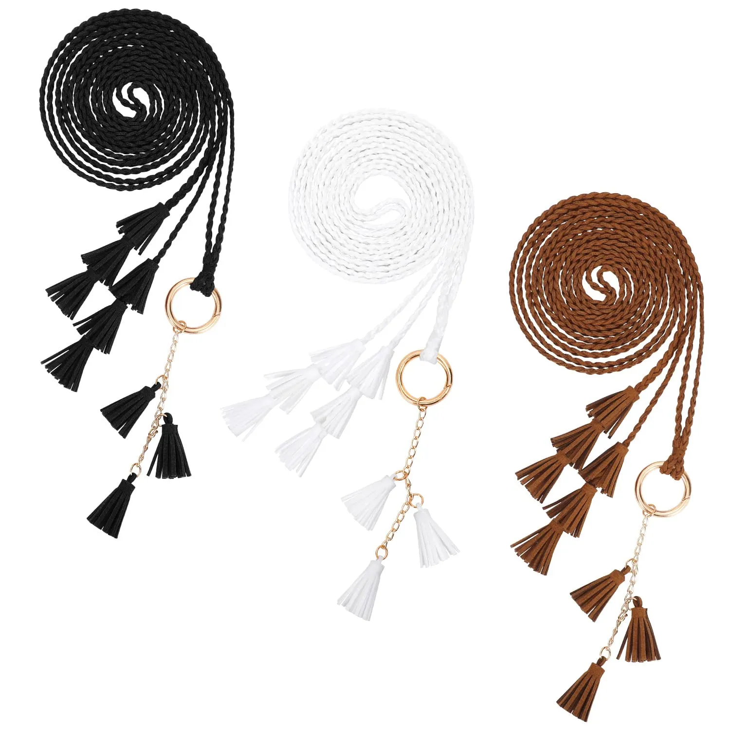 3 Pack Women Thin Tassel Braided Waist Belt WOWOGO Skinny Woven Tassel Belt