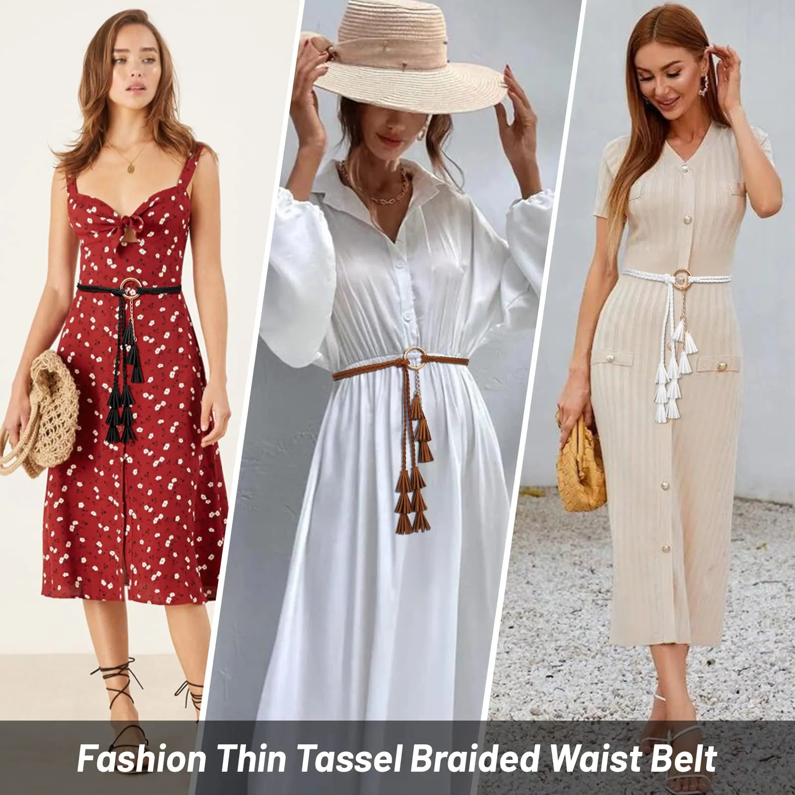 3 Pack Women Thin Tassel Braided Waist Belt WOWOGO Skinny Woven Tassel Belt
