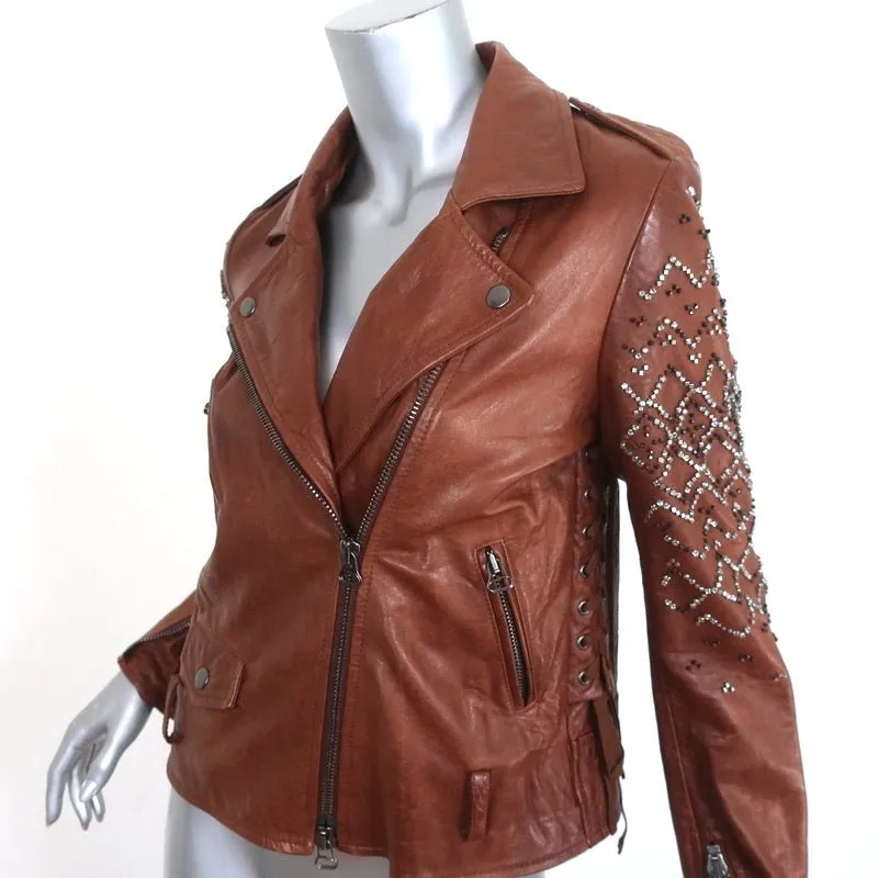 3.1 Phillip Lim Crystal-Embellished Leather Motorcycle Jacket Brown Size 6