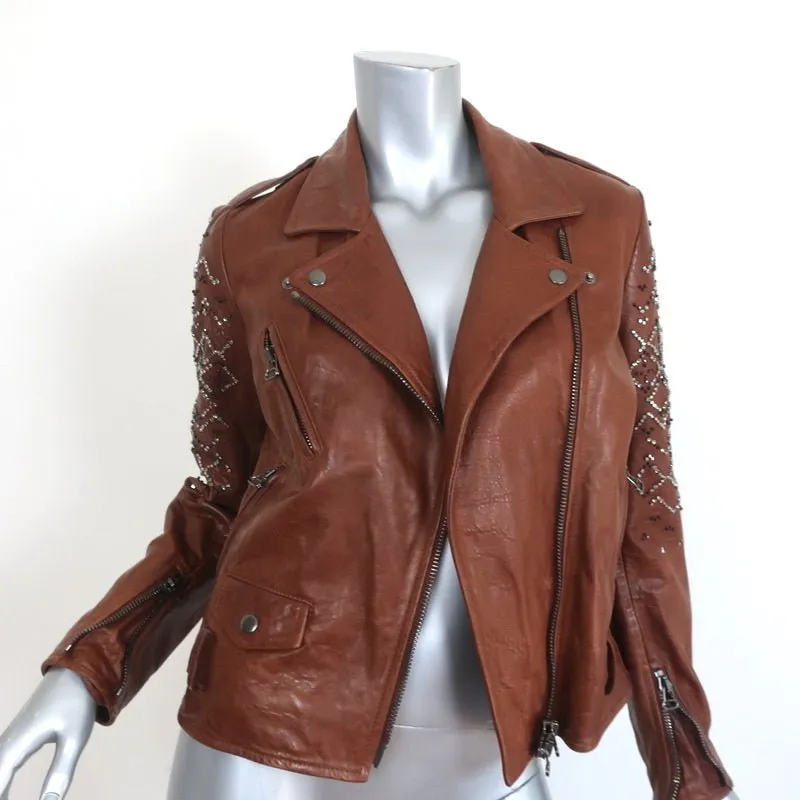 3.1 Phillip Lim Crystal-Embellished Leather Motorcycle Jacket Brown Size 6