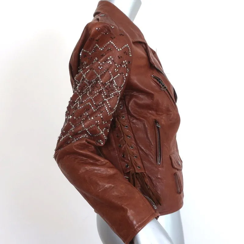 3.1 Phillip Lim Crystal-Embellished Leather Motorcycle Jacket Brown Size 6