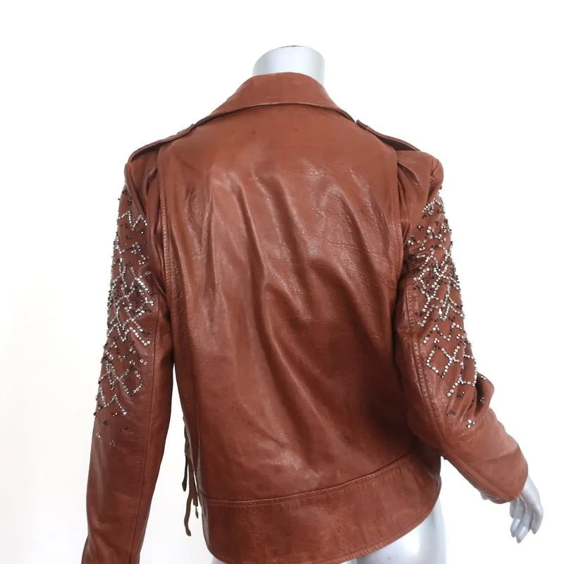 3.1 Phillip Lim Crystal-Embellished Leather Motorcycle Jacket Brown Size 6