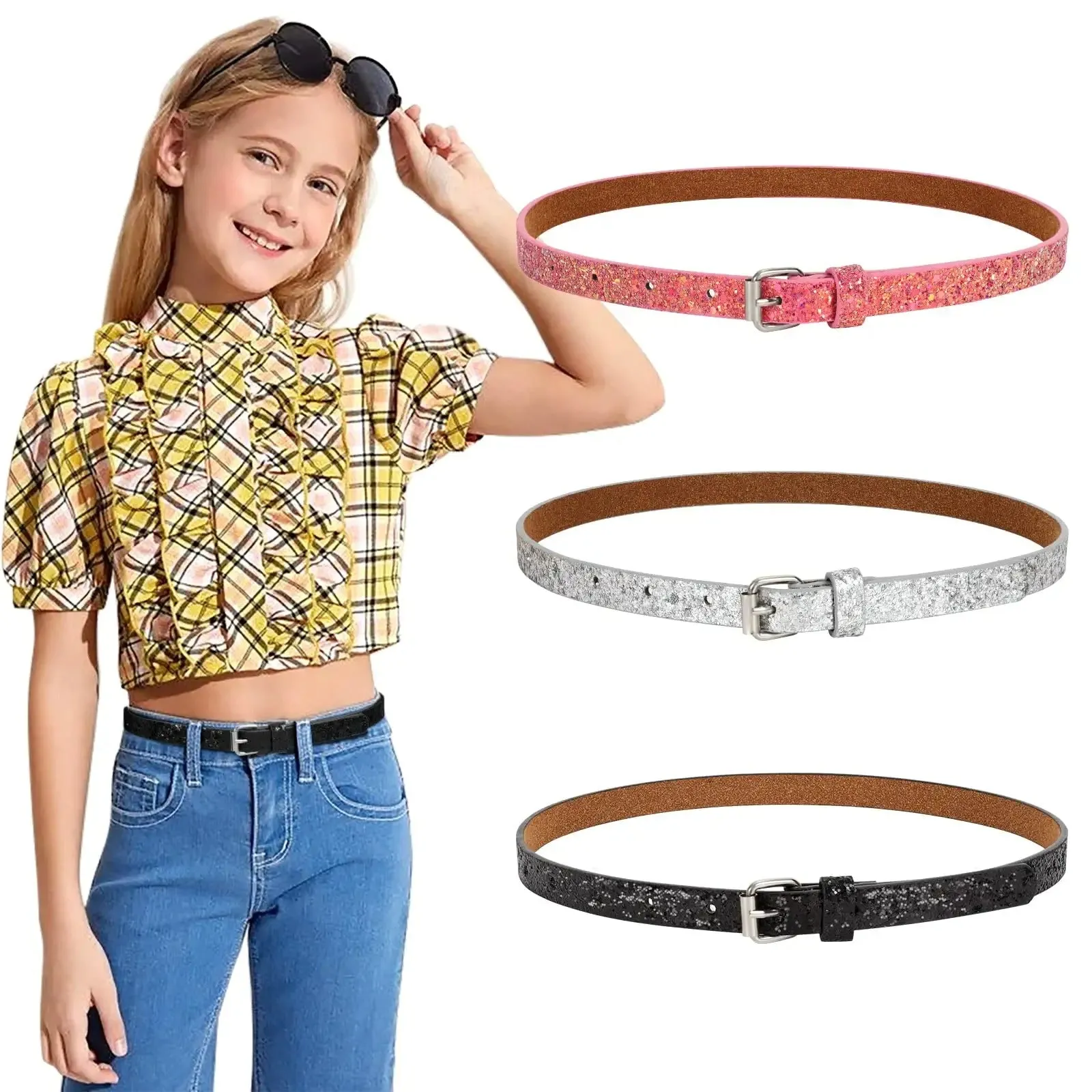 4 Pack 3 Pack 2 Pack Kids Belt Fashion Glitter Belt, Cute Shiny PU Leather Belt for Girls and Boys Back to School Gift
