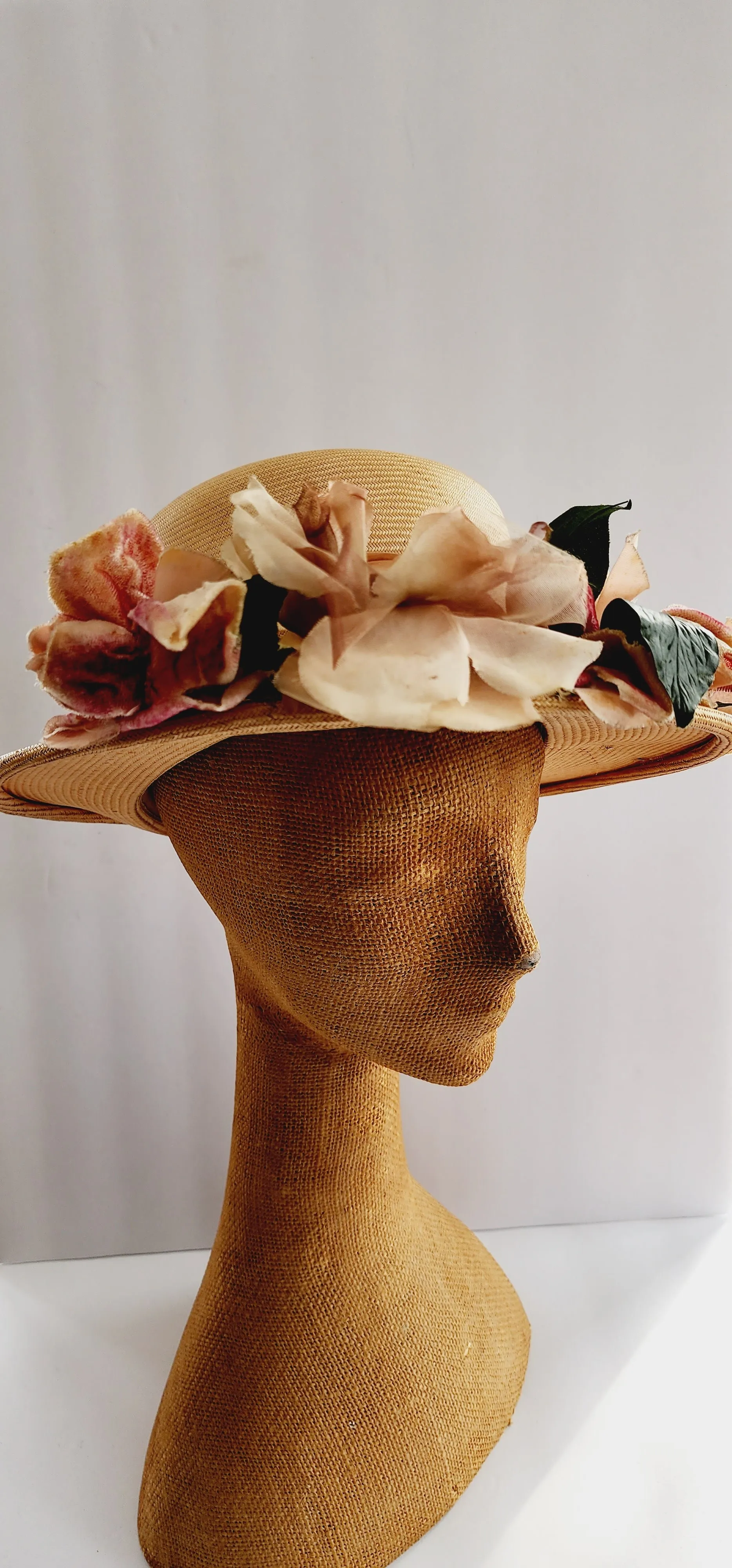 50s Beige Straw Hat with Pastel Flowers Wide Brim by Chez Original