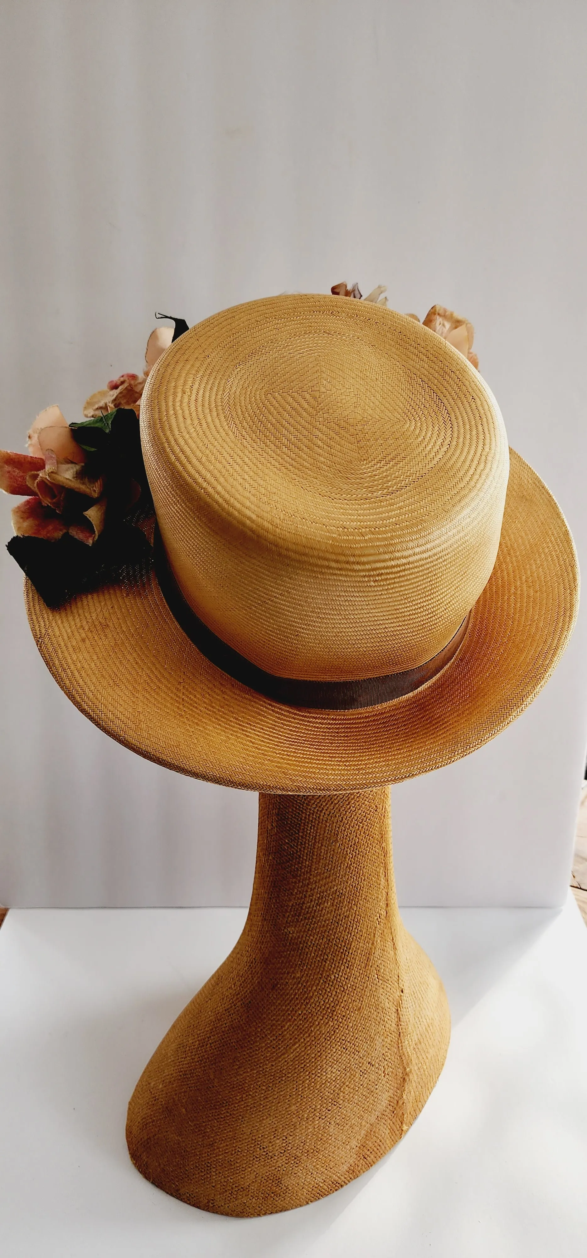 50s Beige Straw Hat with Pastel Flowers Wide Brim by Chez Original