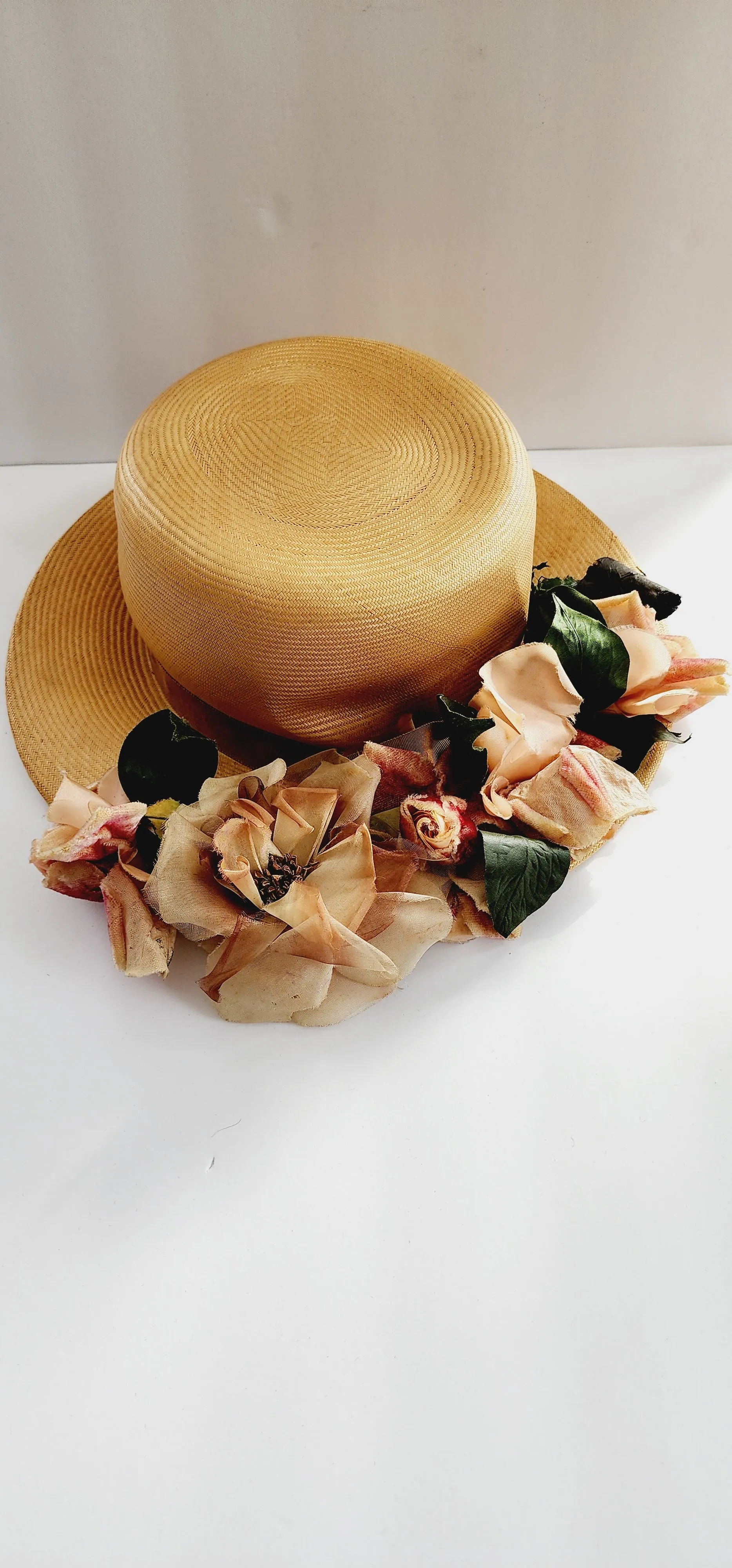 50s Beige Straw Hat with Pastel Flowers Wide Brim by Chez Original
