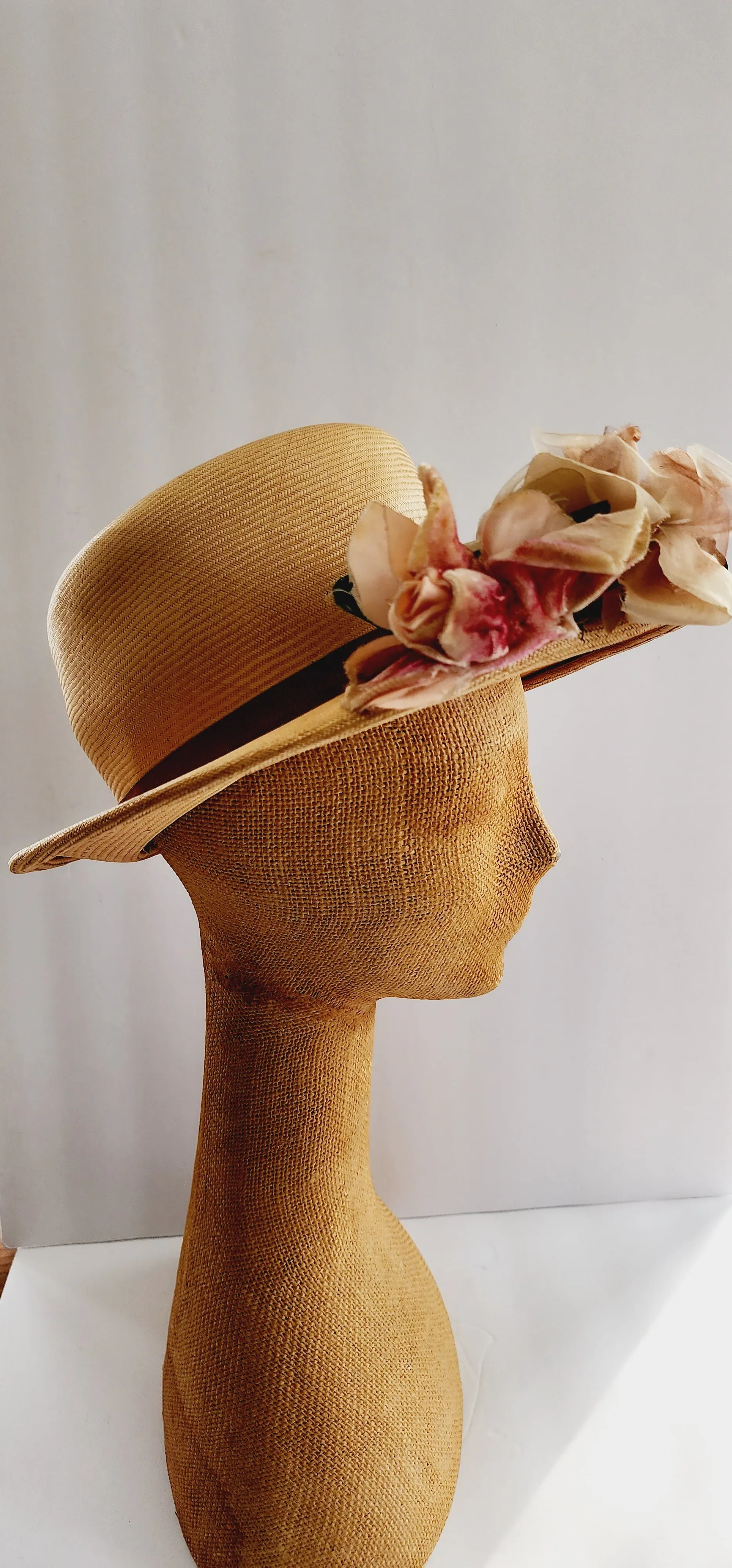 50s Beige Straw Hat with Pastel Flowers Wide Brim by Chez Original