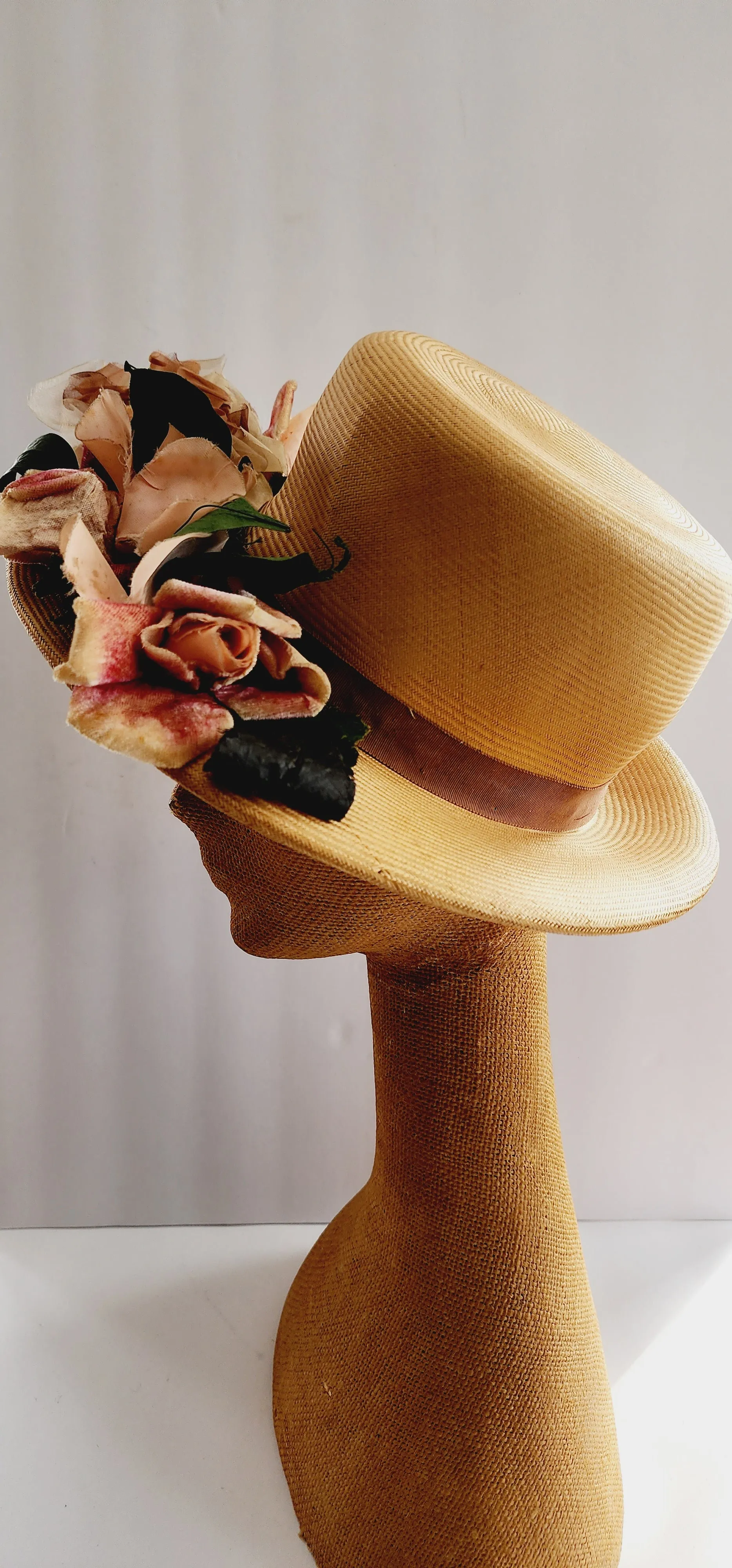 50s Beige Straw Hat with Pastel Flowers Wide Brim by Chez Original