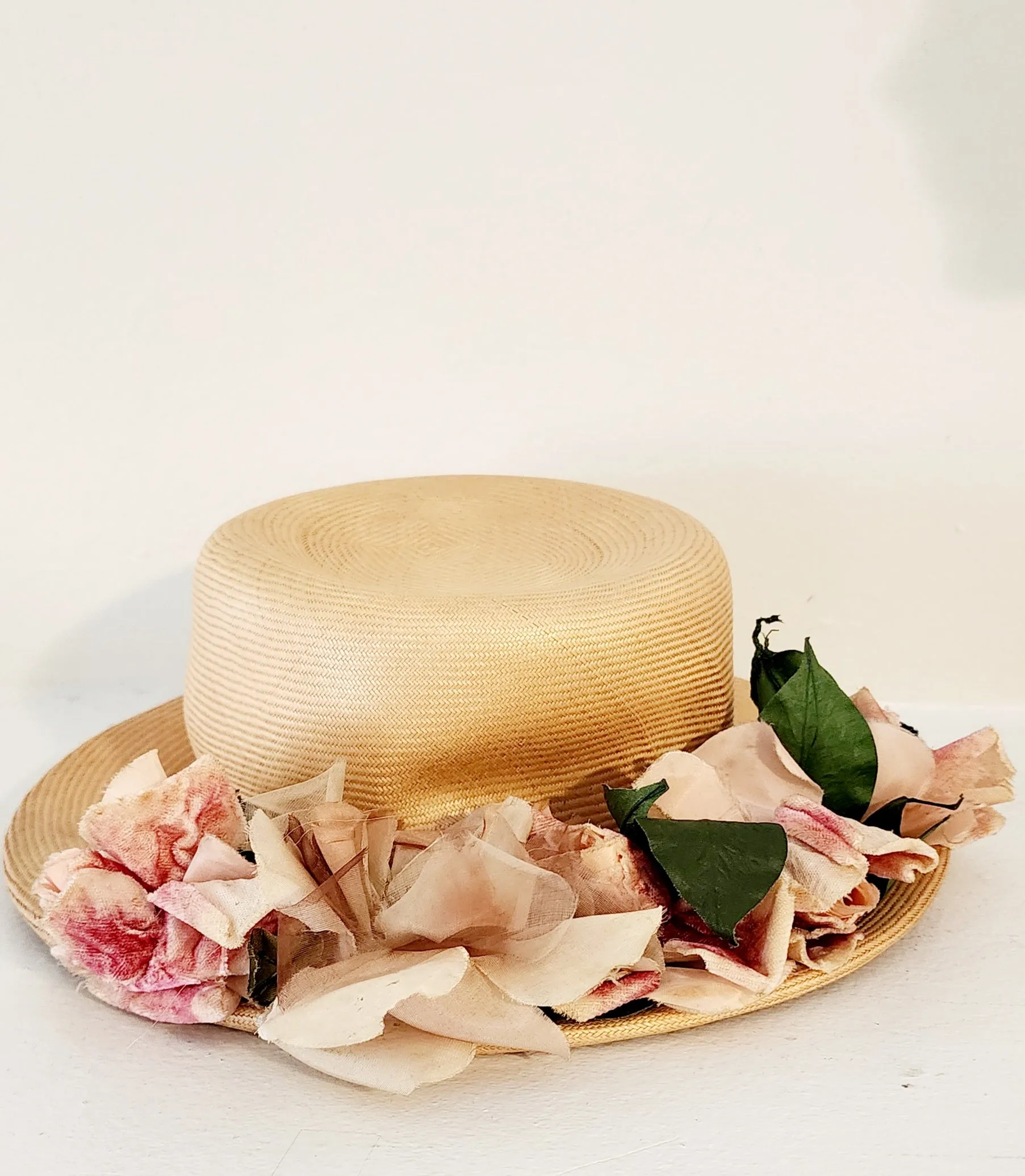 50s Beige Straw Hat with Pastel Flowers Wide Brim by Chez Original