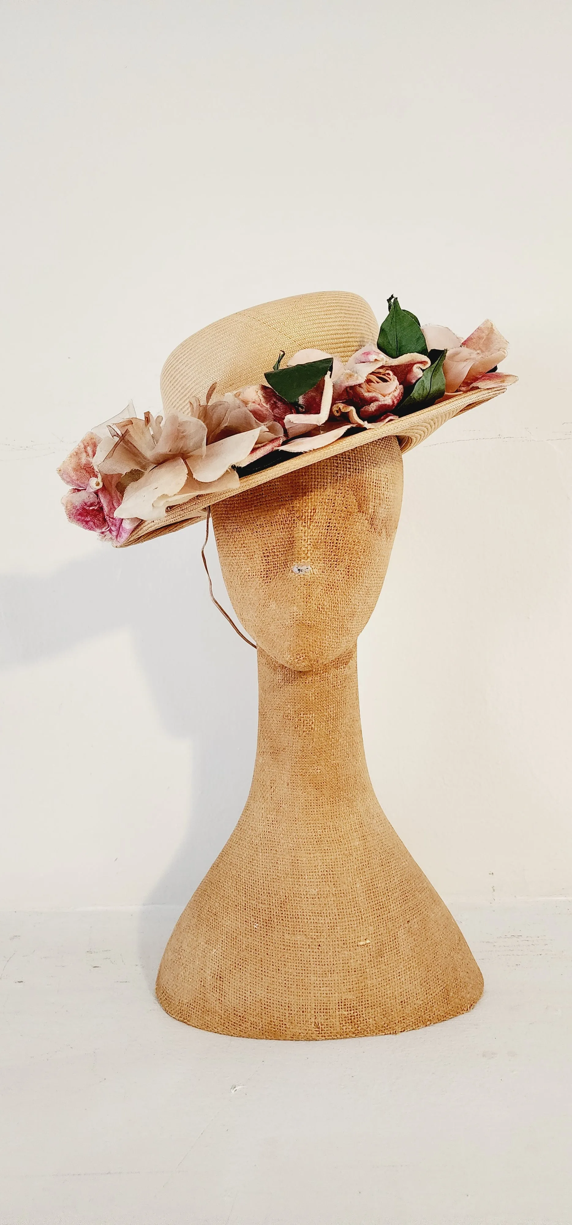 50s Beige Straw Hat with Pastel Flowers Wide Brim by Chez Original