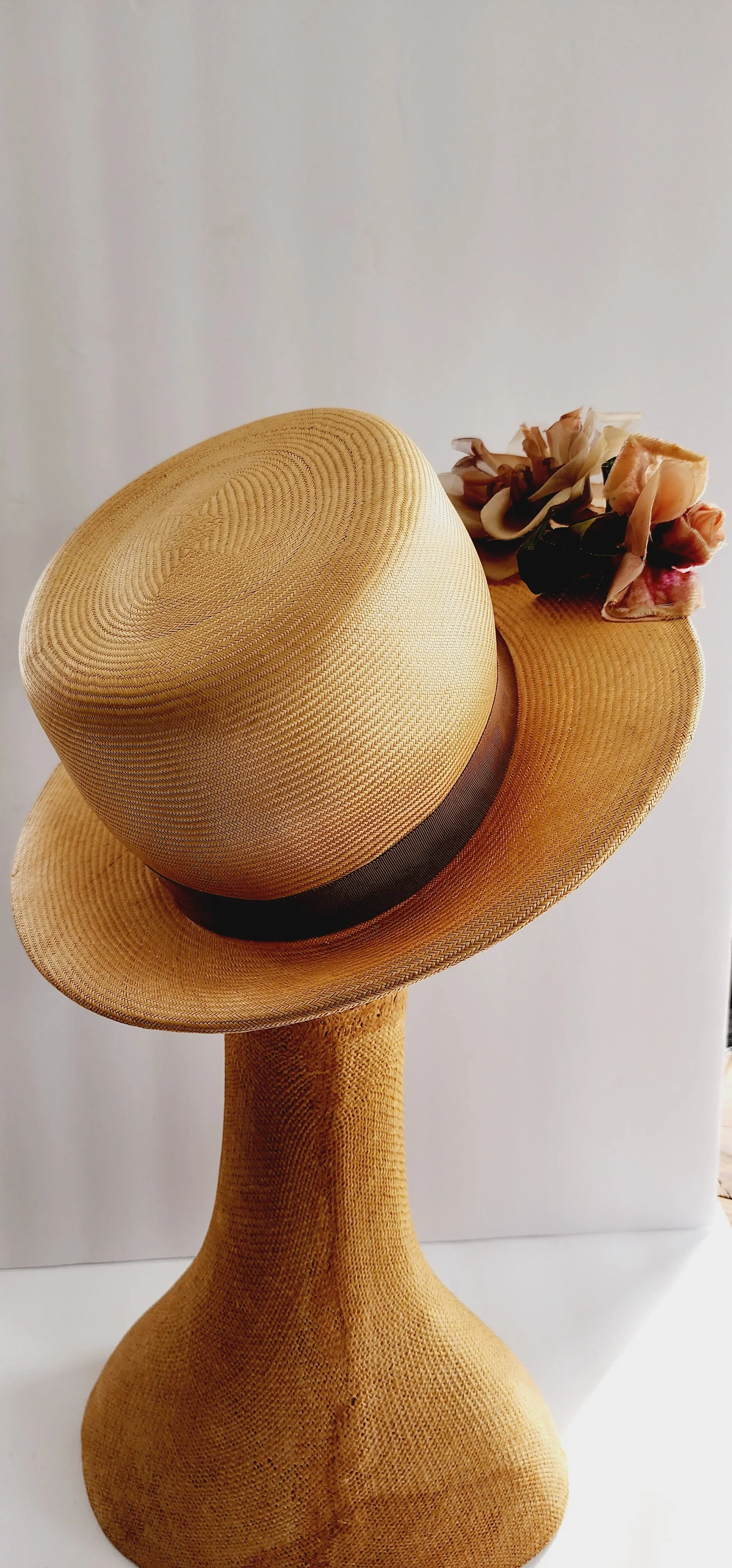 50s Beige Straw Hat with Pastel Flowers Wide Brim by Chez Original