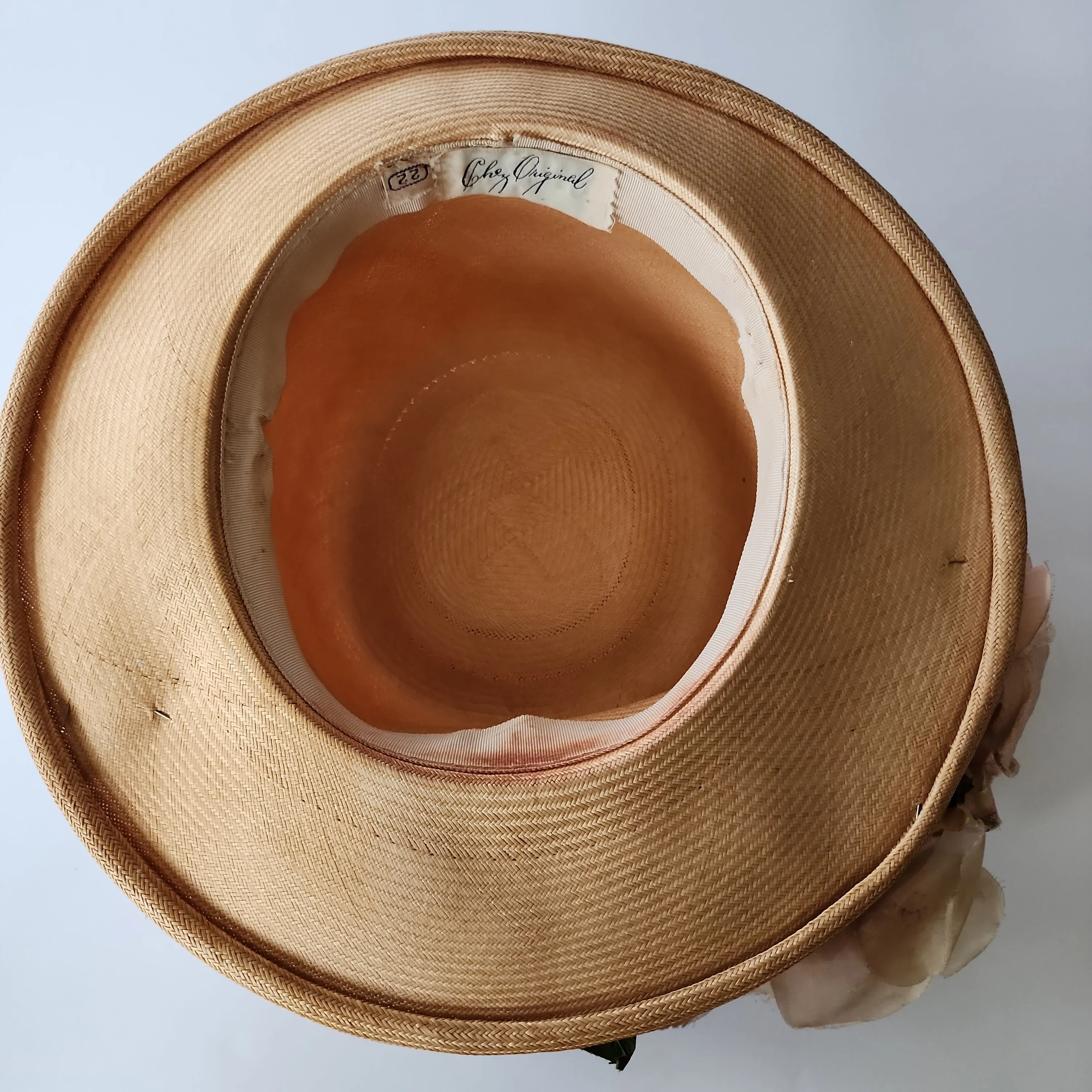 50s Beige Straw Hat with Pastel Flowers Wide Brim by Chez Original